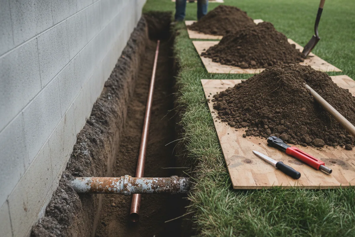 Excavated water line trench during Sewer Line Repair in Carlock